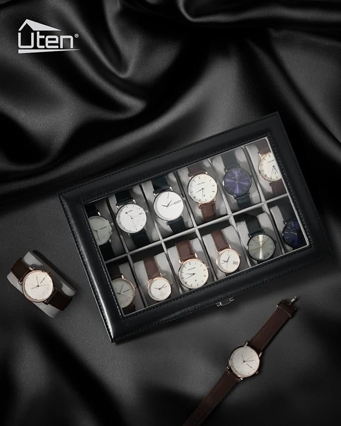 Uten Watch Box, 12 Slots Leather Watch Case, Watch Box Organizer Jewelry Storage with Large Glass Lid, Watch Display Case, Watch Box for Men & Women