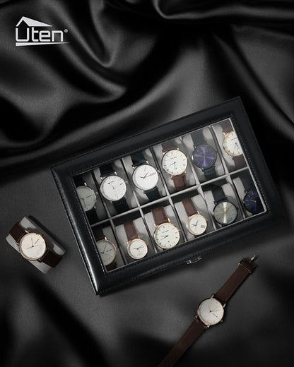 Uten Watch Box, 12 Slots Leather Watch Case, Watch Box Organizer Jewelry Storage with Large Glass Lid, Watch Display Case, Watch Box for Men & Women