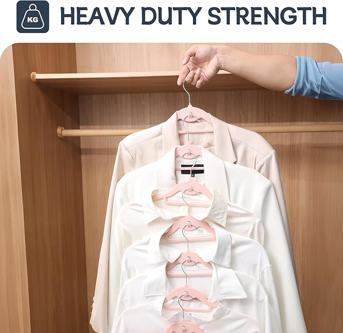 Velvet Hangers 50 Pack Pink, Non Slip Stackable Clothes Hangers with Cascading Hooks, Ultra Thin and Space Saving Felt Hangers with Tie Bar, 360° Swivel Hooks, Heavy Duty for Suit Coat Shirt Pant