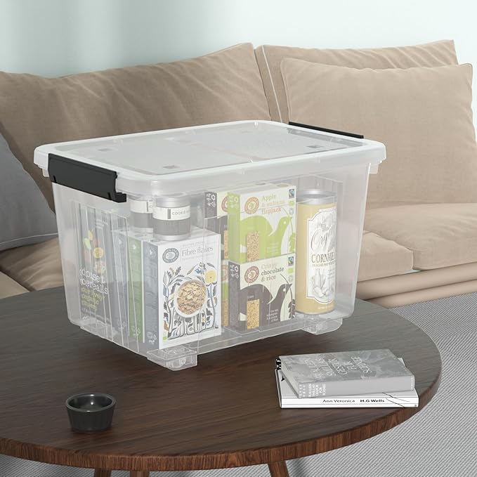 Qqbine 30 Quart Plastic Clear Storage Bin with Wheels, Plastic Latching Bins with Lids, 4 Packs