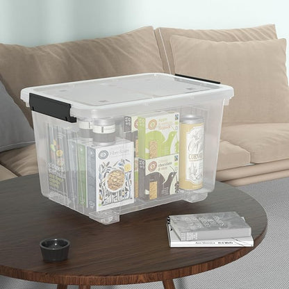 Qqbine 30 Quart Plastic Clear Storage Bin with Wheels, Plastic Latching Bins with Lids, 4 Packs