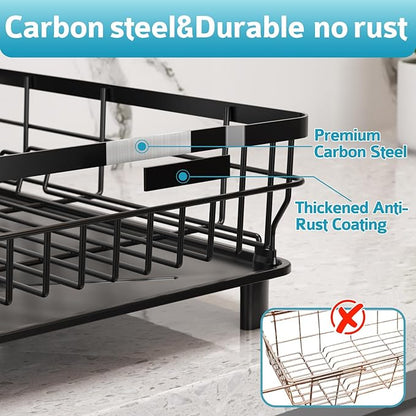 Ricobes Dish Drying Rack - Space Saving Dish Rack - Dish Racks for Kitchen Counter with Drainboard,Rustproof Dish Drainer with Removable Utensil Holder,Black
