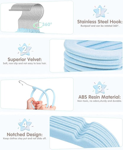VIS'V Baby Hangers, 11 Inch Velvet Kids Hangers with 6 Pcs Clothes Size Dividers, Infant Toddler Nursery Closet Organization, Non Slip, Blue, 30 Pcs