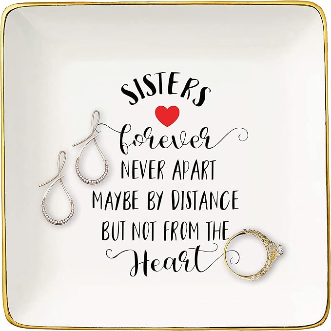 Sisters Forever Never Apart - Ceramic Jewelry Holder Ring Dish Trinket Tray-Birthday Gift-Christmas Gift-Graduation Gift-Long Distance Going Away Gift for Sister Best Friend Her