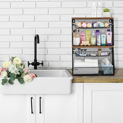 2 Pcs Stackable Fruit Basket with Lid for Kitchen Counter Storage Basket with Drawer Mesh Wall Hanging Wire Baskets with Lid Metal Vegetable Container for Kitchen 13.8 x 8.3 x 9.8''(Black)