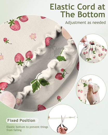 Plastic Bag Holder Organizer - 1 Pack Reusable Canvas Grocery Bags Holder Hanging Wall Cute Aesthetic Shopping Bag Storage Dispenser with Drawstring Closure for Kitchen Home, Strawberry