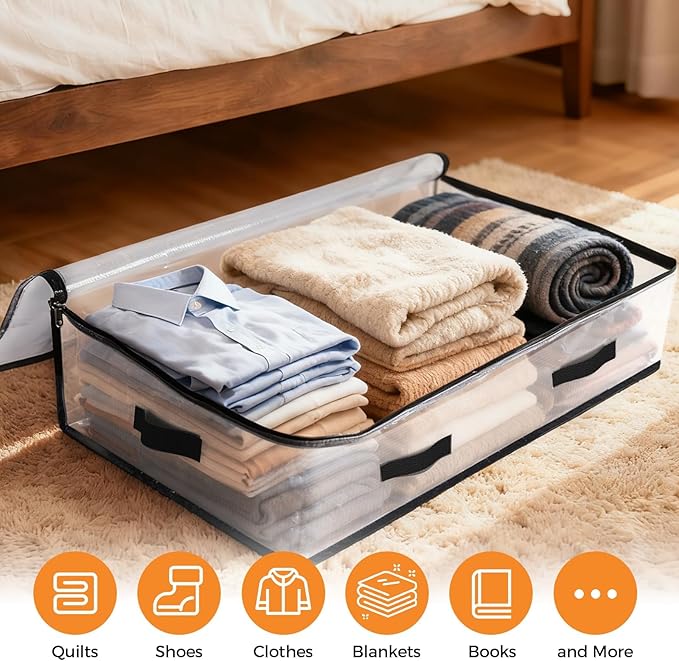 EdenDwell 6 Pack Under Bed Storage Bags, 75L Foldable Clear Storage Containers with Handles, Dual Zippers for Comforter, Clothes, Bedding, Linen Sheets, Sweaters, Blanket Storage