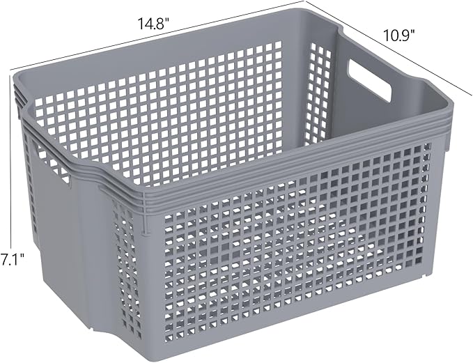 6 Packs Stackable Storage Baskets, Rectangle Stacking Baskets, Plastic Storage Baskets for Shelves, Grey
