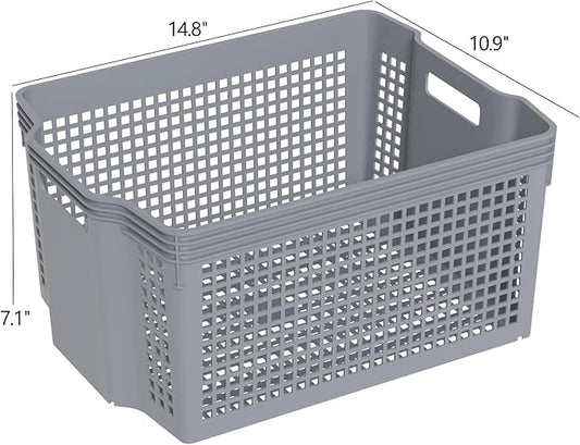6 Packs Stackable Storage Baskets, Rectangle Stacking Baskets, Plastic Storage Baskets for Shelves, Grey