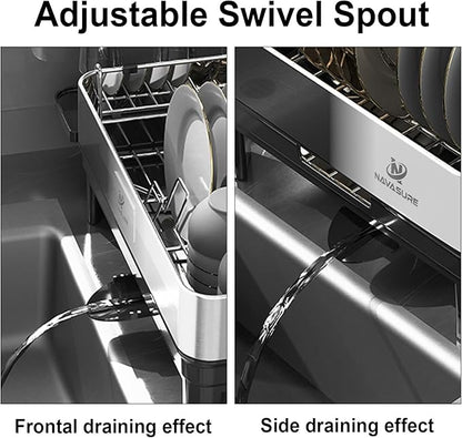 NAVASURE Dish Drying Rack | Stainless Steel Dish Rack for Kitchen Counter, Space Saving | Dish Drainer with Drainage & Utensil Holder | Escurridor de Platos para Fregadero (Black)
