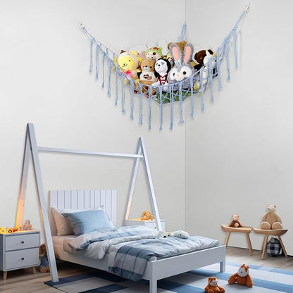 Stuffed Animal Hammock Corner, Hand-knitted Large Plushie Net Toy Hammock with Wooden Rings | Boho Cute Stuff Animal Storage for Nursery & Bedroom | Mesh Kids Toy Organizer Holder Nursery Room Decor