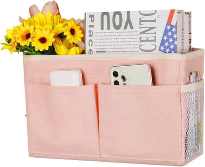 Frjjthchy Bedside Caddy Hanging Storage with Water Bottle Holder for Bunk Bed Hospital Bed Dorm Rooms (Pink)