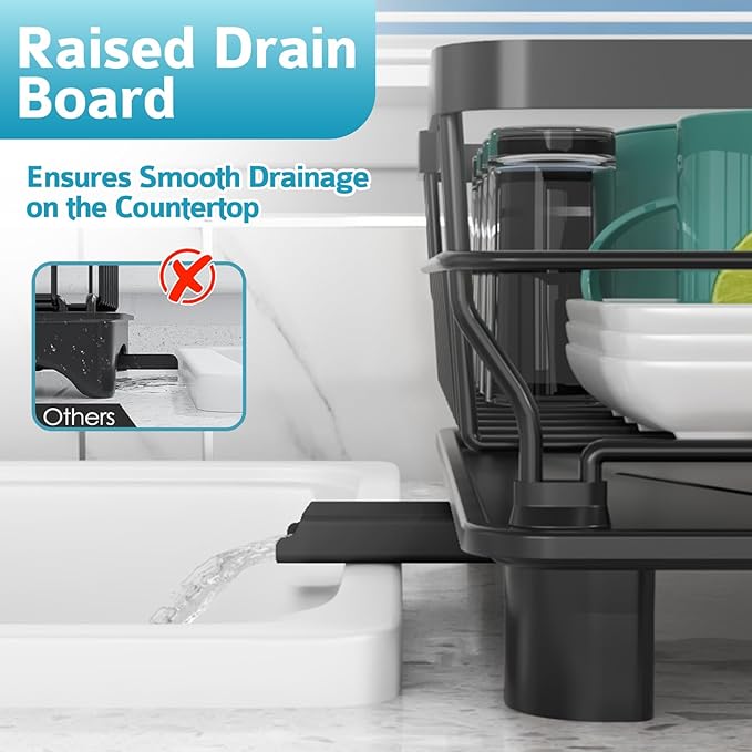 Ricobes Dish Drying Rack - Space Saving Dish Rack - Dish Racks for Kitchen Counter with Drainboard,Rustproof Dish Drainer with Removable Utensil Holder,Black