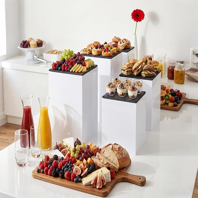 BreezeHug 4 Pcs Extra Large Buffet Risers, Acrylic Food Risers for Buffet Table Display Stand Shelf White Cube Nesting Boxes for Catering Dessert Collectibles Jewelry(17.7",16.7",15.7",14.7")