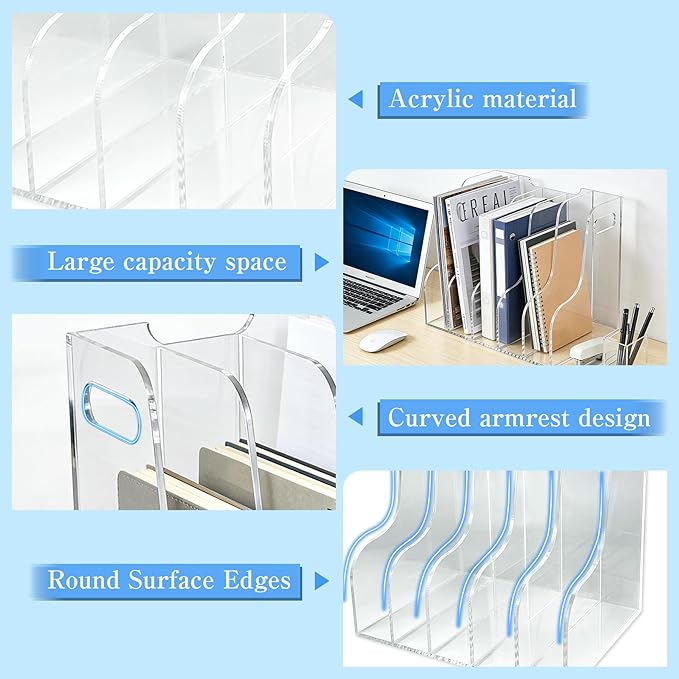 5-Tier Clear Acrylic File Holder, Vertical Document Organizer for Magazines, Binders, Notebooks & Envelopes - Multi-Purpose Desk Storage for Home Office（A4,5 Sections）
