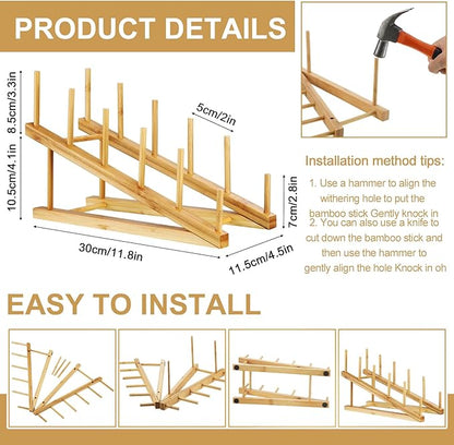 Suclain 10 Pcs Wooden Bamboo Dish Drying Rack Kitchen Cabinet Organizer for Cabinet Cutting Board Display Stand for Dish Plate Bowl Water Bottles Cup Pot Lid Cutting Board