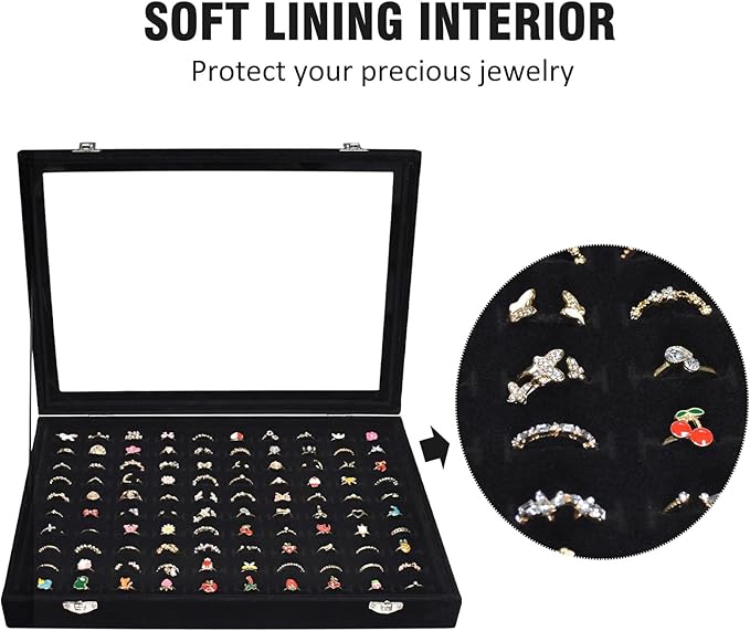 Rings Organizer Tray 100 Slot Velvet Ring Earring Storage Box TranSparent Cover Jewelry Store Ring Display Box Jewelry Display Cabinet for Girl Wife Mother