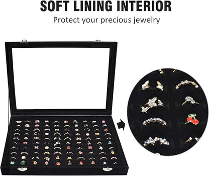 Rings Organizer Tray 100 Slot Velvet Ring Earring Storage Box TranSparent Cover Jewelry Store Ring Display Box Jewelry Display Cabinet for Girl Wife Mother
