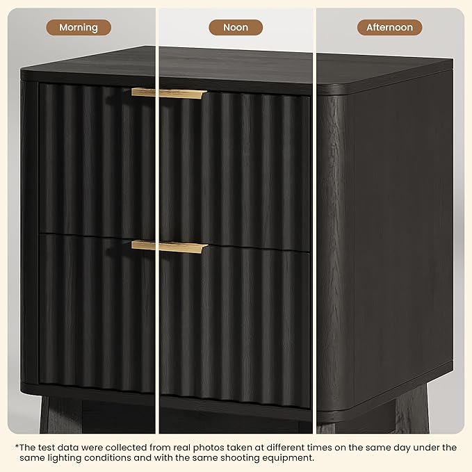 TROJM Fluted Nightstand Set of 2, Modern End Table with Metal Handle,2 Storage Drawers Side Table,Bedside Table for Bedroom,Wood Nightstands,Curved Profile Design Furnitue, Black