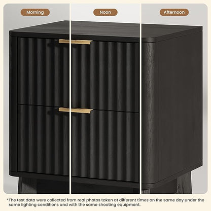 TROJM Fluted Nightstand Set of 2, Modern End Table with Metal Handle,2 Storage Drawers Side Table,Bedside Table for Bedroom,Wood Nightstands,Curved Profile Design Furnitue, Black
