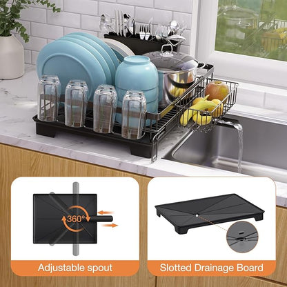Vathingood Extendable Dish Drying Rack, Drying Rack with Automatic Drainboard, Dish Drainers for Kitchen Counter, Anti-Rust Dish Drainers with Cup Holders & Utensil, Black