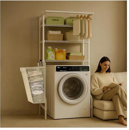 The Storage Rack Above The Washing Machine, Dryer, and Refrigerator has Been Widened in Width. There are Laundry Bags and Drying Pockets. Adjustable Height Laundry Room Shelves Organizer(White)