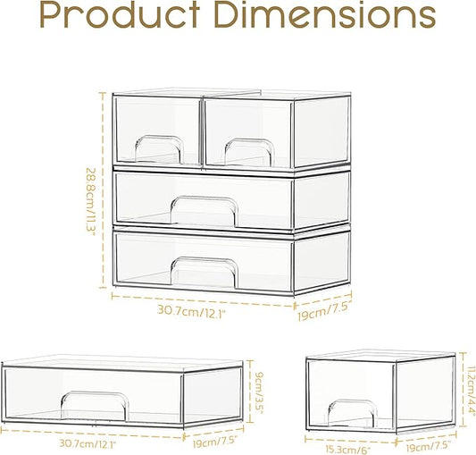 Criusia Stackable Storage Drawers, 4 Pack Clear Plastic Makeup & Bathroom Organizer, Versatile Storage Bins for Vanity, Under Sink, Kitchen Cabinets & Pantry