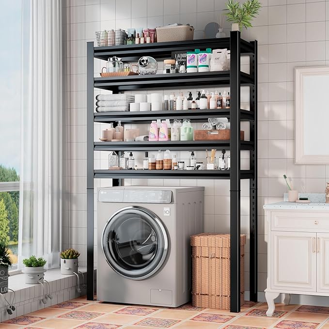 Over Washer and Dryer Shelves, 4 Tier Adjustable Height Metal Heavy Duty Freestanding Storage Shelves, Washing Machine Rack for Laundry Room Organization and Storage, 45.28''W*19.69''D*62.99''H, Black