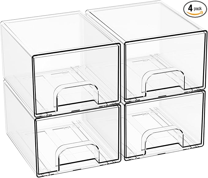 4.4" Tall Small Clear Acrylic Stackable Storage Drawers for Vanity,Under Sink,Bathroom Closet,Medicine Cabinet Organization and Plastic Storage Bins for Organizing Makeup,Baby Bottles,Pacifier,4 PCS