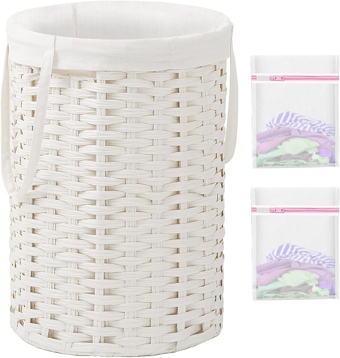 Laundry Hamper Laundry Basket Round 19.0 Gal (72 L) Handwoven Rattan Hamper, Large Wicker Laundry Hamper with Removable Laundry Bag Handles 2 Mesh Bags for Bedroom Living Room White (No Lid)