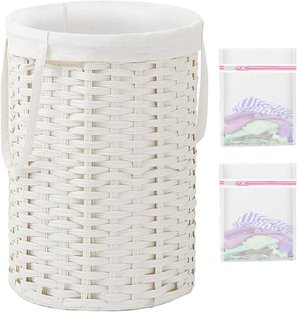Laundry Hamper Laundry Basket Round 19.0 Gal (72 L) Handwoven Rattan Hamper, Large Wicker Laundry Hamper with Removable Laundry Bag Handles 2 Mesh Bags for Bedroom Living Room White (No Lid)