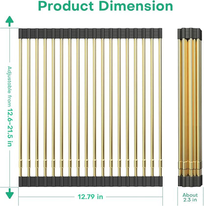 ARAINY Large Telescopic Draining Rack, Gold Roll Up Heat-Resistant Dish Drainer for Stainless Steel Sinks, Non-Slip Silicone Rolling Dish Drainer Roll Rack 18 tube12.59-21.25x12.79''