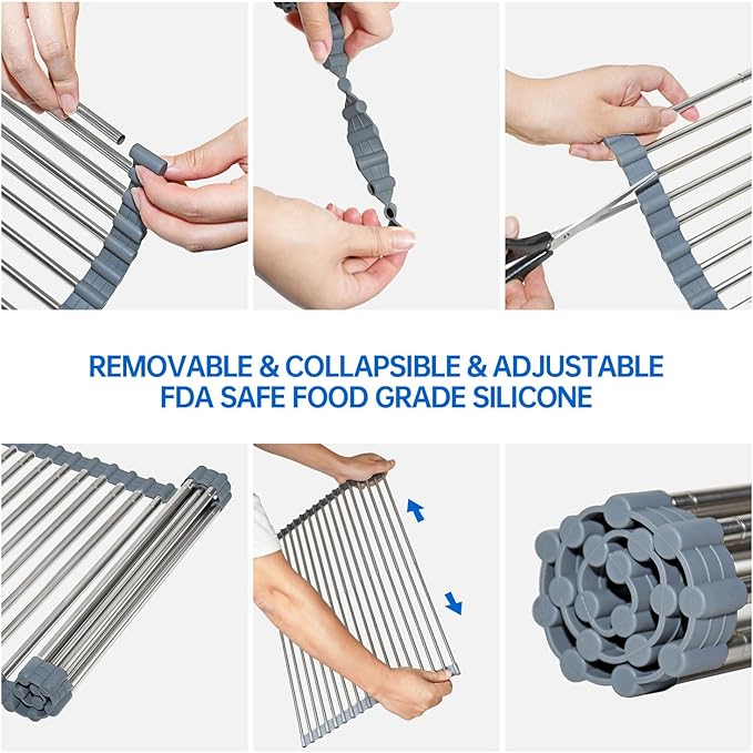 AXIMIXAME Expandable Large Draining Rack, Roll Up Heat-Resistant Dish Drainer for Stainless Steel Sinks, Collapsible Over The Sink Rack Non-Slip Silicone Rolling Up Rack 18 Tube