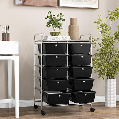 GOFLAME 10-Drawer Rolling Storage Cart, Art Craft Storage Organizer on Wheels, Multipurpose Movable Utility Cart for School, Office and Home, Black