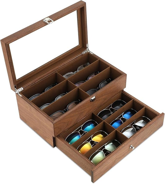 BAOJULONG Wooden Sunglasses Organizer Box, Eyewear Display Eyeglass Case, Glasses Storage Box Sunglass Holder Gifts