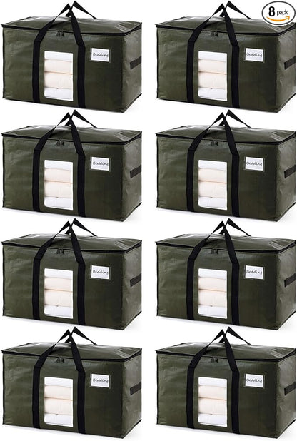 TAILI 8 Pack Green Extra Large Storage Bags, Heavy Duty Totes with Visible Window, Wrap Around Handles, Perfect for Moving
