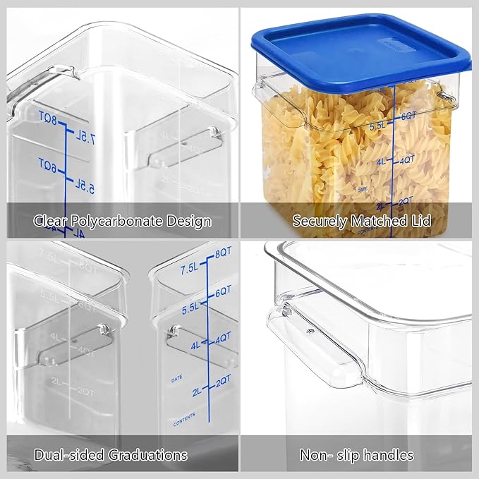 TSUBOR 4 Pack Food Storage Containers with Red Lids, 22.0 Qt - Square, Clear, Polycarbonate, for Restaurant Commercial Kitchen and Home party