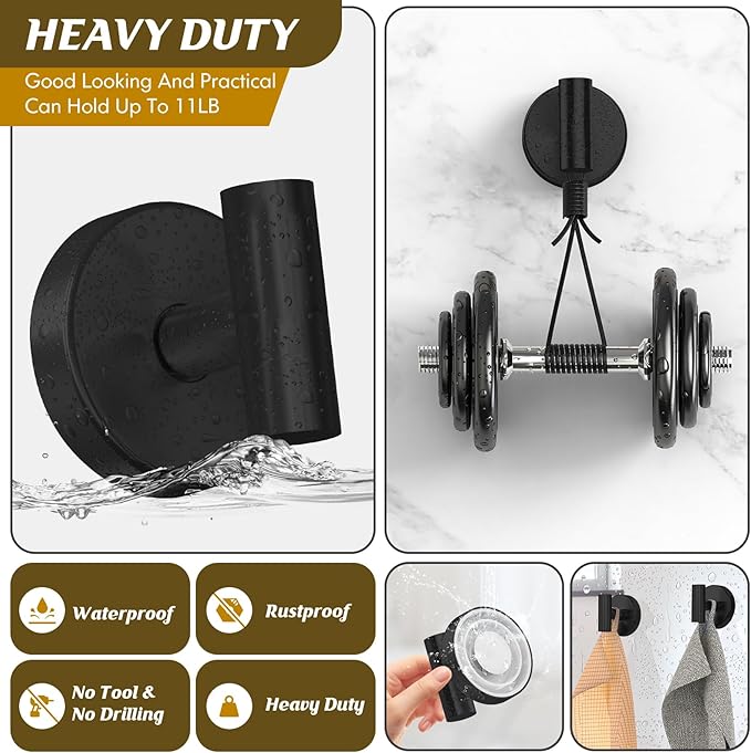 MOTAIPEAK Suction Cup Hooks for Shower,Heavy Duty Shower Towel Suction Hooks,No Drill Wall Mounted Towel Hooks for Bathrooms Wall,Kitchen,Glass,Mirror,Tile to Hang Towels,Robes,Coat-Black(2 Pack)