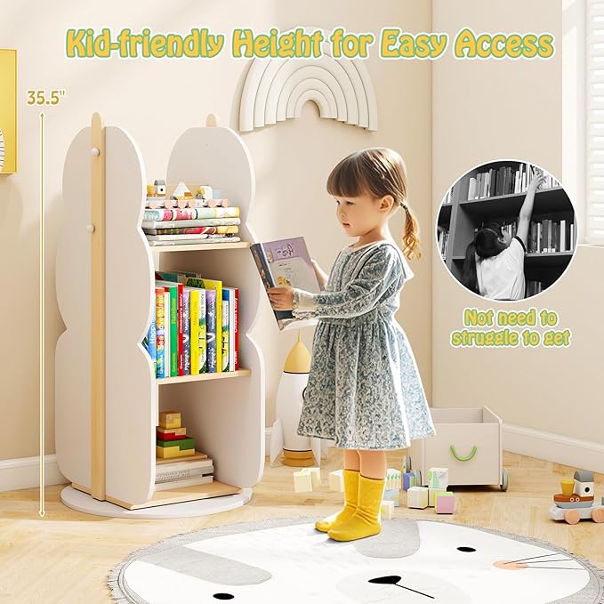 HONEY JOY Kids Rotating Bookshelf, Wooden Spinning Small Corner Organizer, 360°Display Standing Toddler Bookshelf, Narrow Storage Rack, Montessori Book Shelf for Nursery, Classroom, Playroom, Bedroom