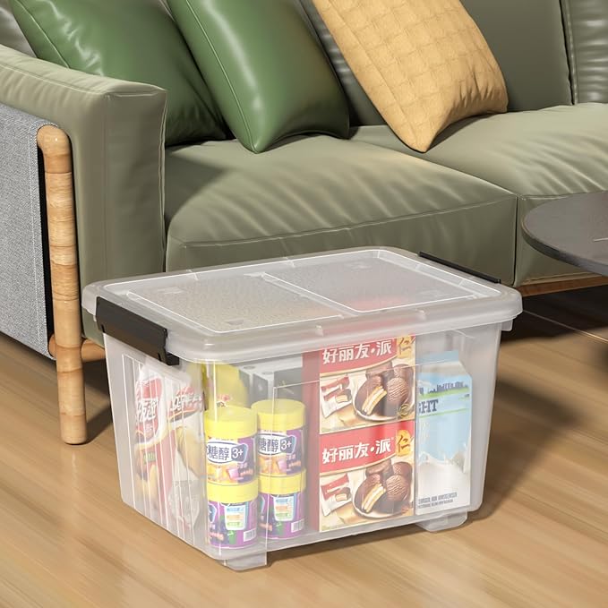 Sadstory 30 Quart Clear Latching Bin with Lid, Plastic Storage Tote Box with Wheels, 4 Packs