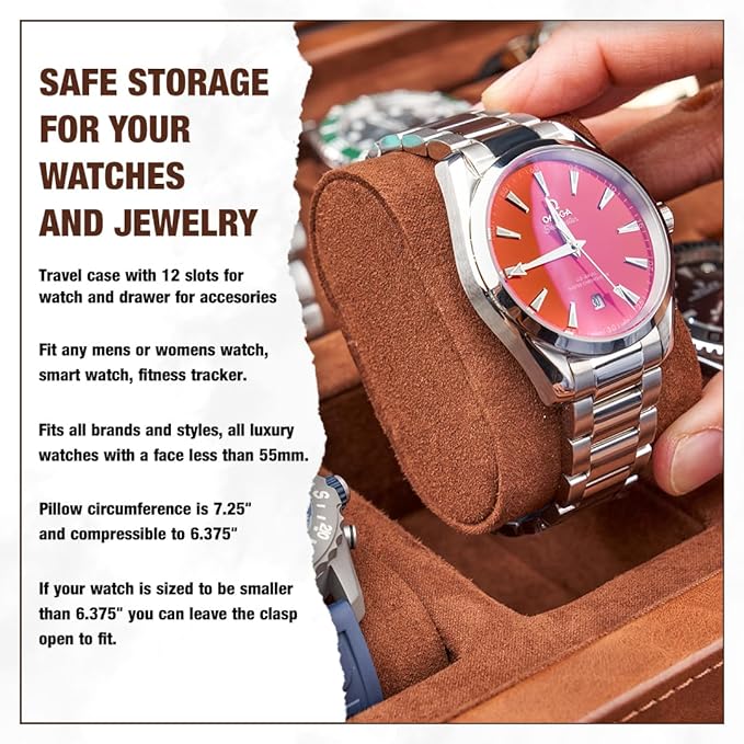 Awesometik 12 Slot LUXURY Faux Leather Watch Box Organizer. Real Glass Top. Watch Display & Watch Holder for Men. Watch Collection, Protection. For Men Ready to Gift (12 Slot Watch Box with Drawer)
