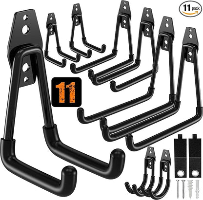 QcoQce 11 Pack Garage Hooks Heavy Duty with 2 Extension Cord Straps,Garage Storage Hooks, Wall Mount Hooks, Garage Organization and Tool Hangers for Bike, Ladder, Ropes and Garden Tools