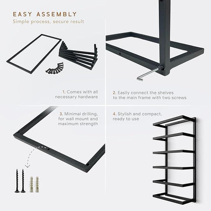 Modern 5-Tier/6-Tier Towel Rack - Wall-Mounted Black Metal Towel Shelf for Bathroom, Space-Saving Storage for Towels, Organizers, and Home Decor (6-Tier)