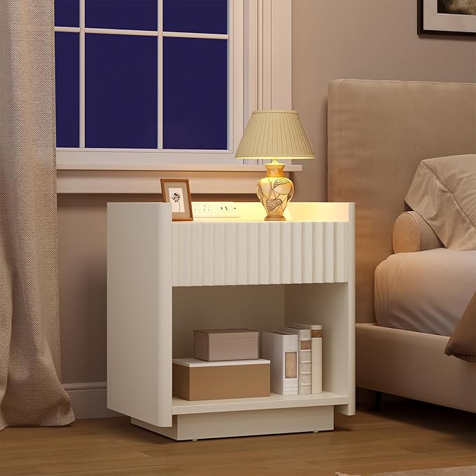 Bigbiglife Fluted Nightstand with Charging Station, 22" Modern Side Table with Drawer End Table with Open Storage, Bedside Table for Bedroom, Living Room, Natural Oak (1, Off White)