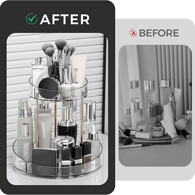 2 tier Makeup Organizer Countertop,360 Rotating Makeup Organizer for Skincare, Lipstick and Perfumes,Multi-function Cosmetic Display Cases for Vanity,Bathroom,White