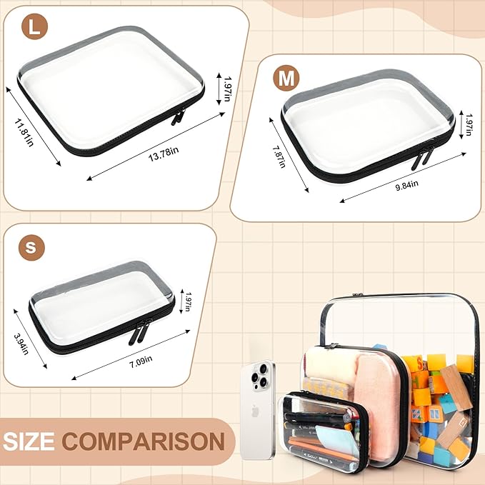 3PCS Clear Hard Shell Zipper Case,Toy Organizers and Storage Box,Clear Toiletry Cosmetic Case,Travel Makeup Bags, Diaper Bag Organizer,Pencil Case,Stackable Portable Transparent Zipper Pouches Black-S