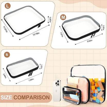 3PCS Clear Hard Shell Zipper Case,Toy Organizers and Storage Box,Clear Toiletry Cosmetic Case,Travel Makeup Bags, Diaper Bag Organizer,Pencil Case,Stackable Portable Transparent Zipper Pouches Black-S