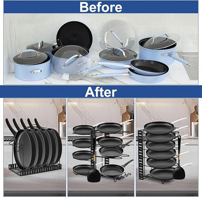 JOYART Pot and Pan Organizer, 8 Tiers Pot Lid Organizer, Adjustable Pots and Pans Organizer Under Cabinet with 3 DIY Methods for Kitchen Cabinet Cookware Organizers and Storage