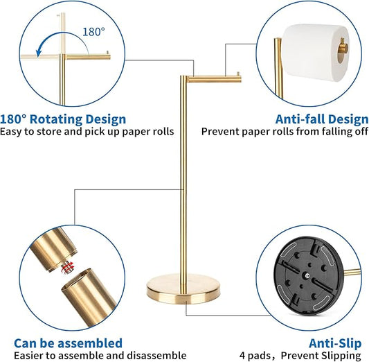 Brushed Gold Toilet Paper Holder Stand 1 pc, Free Standing Toilet Paper Holder Stand,Bathroom Toilet Paper Storage with 2.7 Pounds Heavy Base for 4+1 Rolls,Toilet Tissue Holder