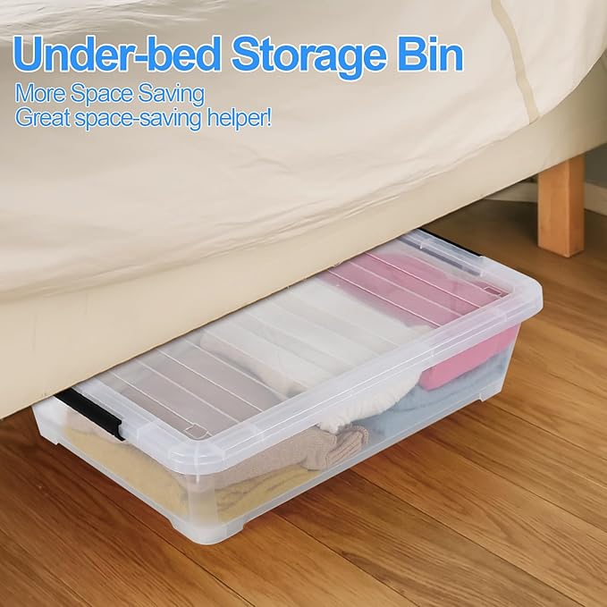 Feicanhao 42 L 4 Packs Plastic Under Bed Storage Container with Lids, Clear Underbed Storage Bin with Wheels